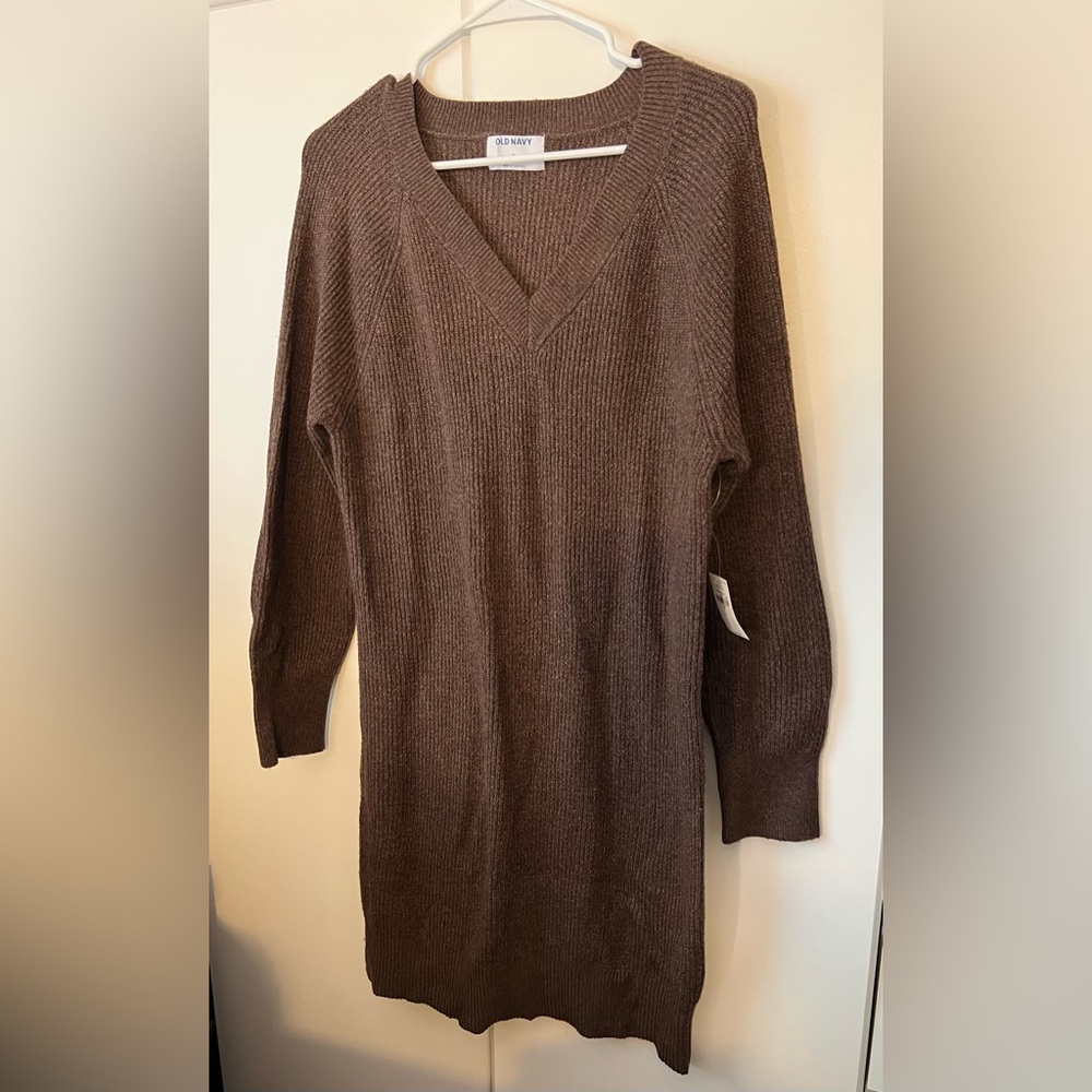 Brown ribbed v neck sweater mini dress nwt